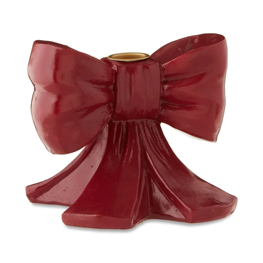 Red Resin Bow‎ Christmas Taper Candle Holder, 4.25